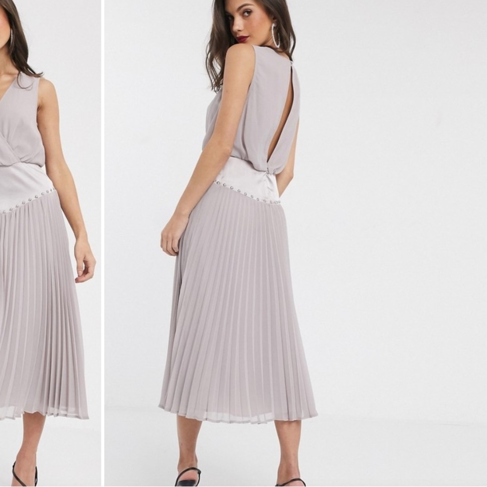 ASOS DESIGN Drop Waist Stud Detail Pleat Midi Dress - Size 6 - Picture 2 of 11